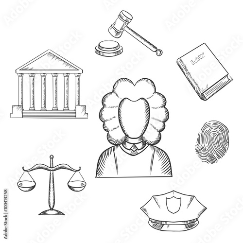 Law, judge and justice sketched icons