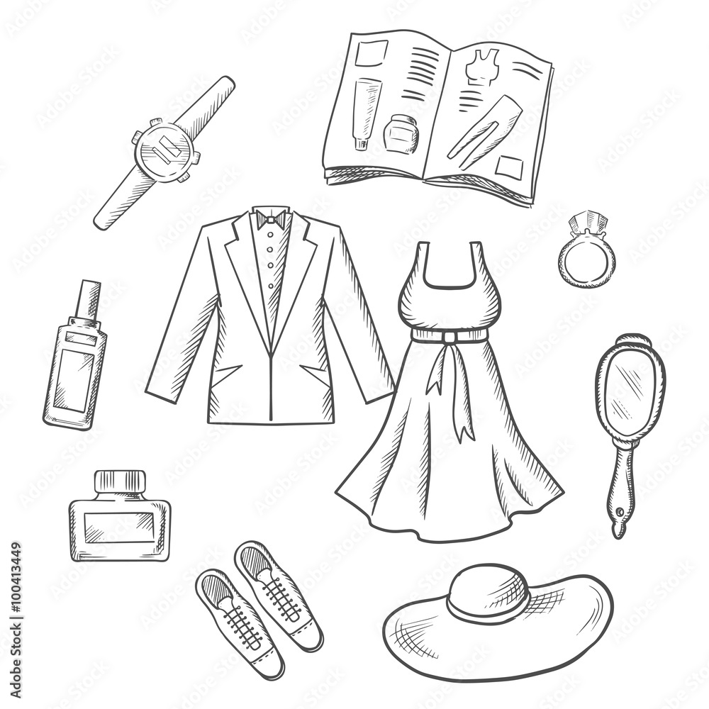 Obraz premium Sketched fashion icons with clothes and itmes