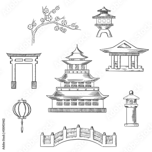 Japan travel icons in sketch style