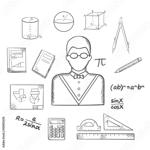 Mathematician or teacher sketch with objects