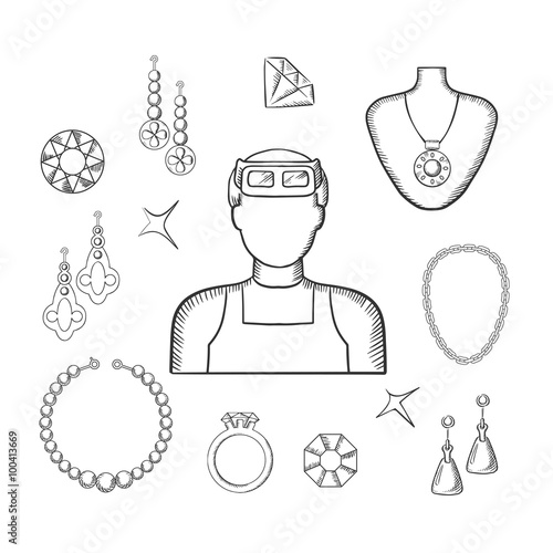 Jeweler or goldsmith with jewelries, sketch style
