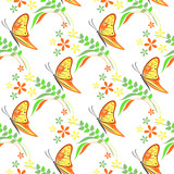 Seamless vector pattern with insects, colorful background with violet butterflies, flowers and branches with leaves.