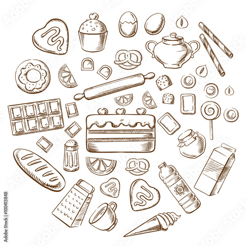 Pastry, dessert and bakery sketch icons