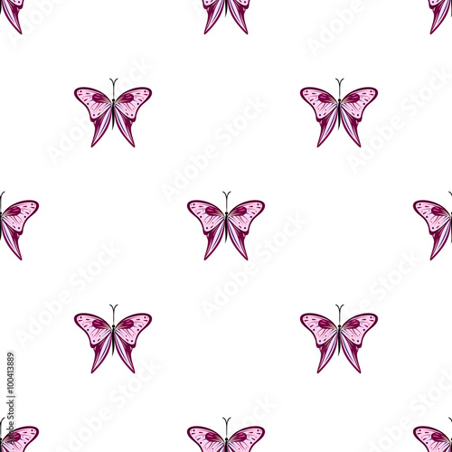 Seamless vector pattern with insects, symmetrical  background with violet butterflies on the white backdrop. © Valentain Jevee