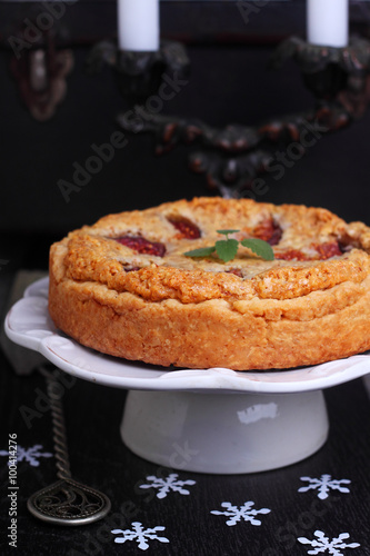 cake stuffed with almond and fig in a white plate