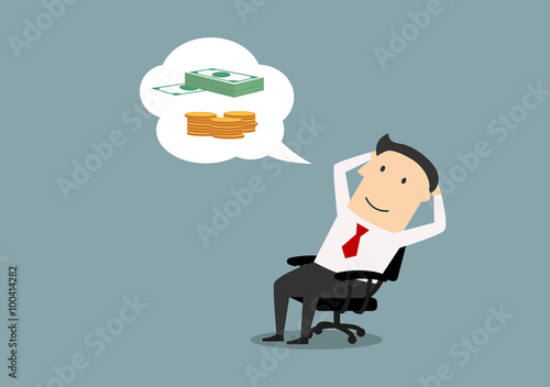 Happy businessman dreaming about money