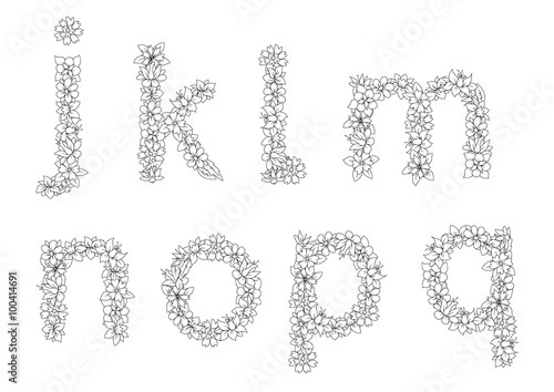 Floral letters alphabet with blooming wildflowers