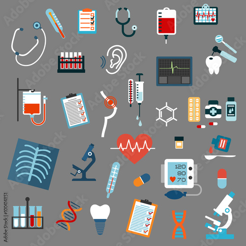 Medical diagnostics, testing and equipment flat icons