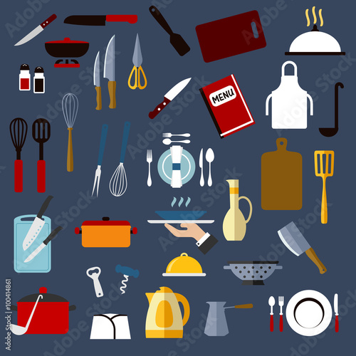 Kitchen utensil and dishware flat icons