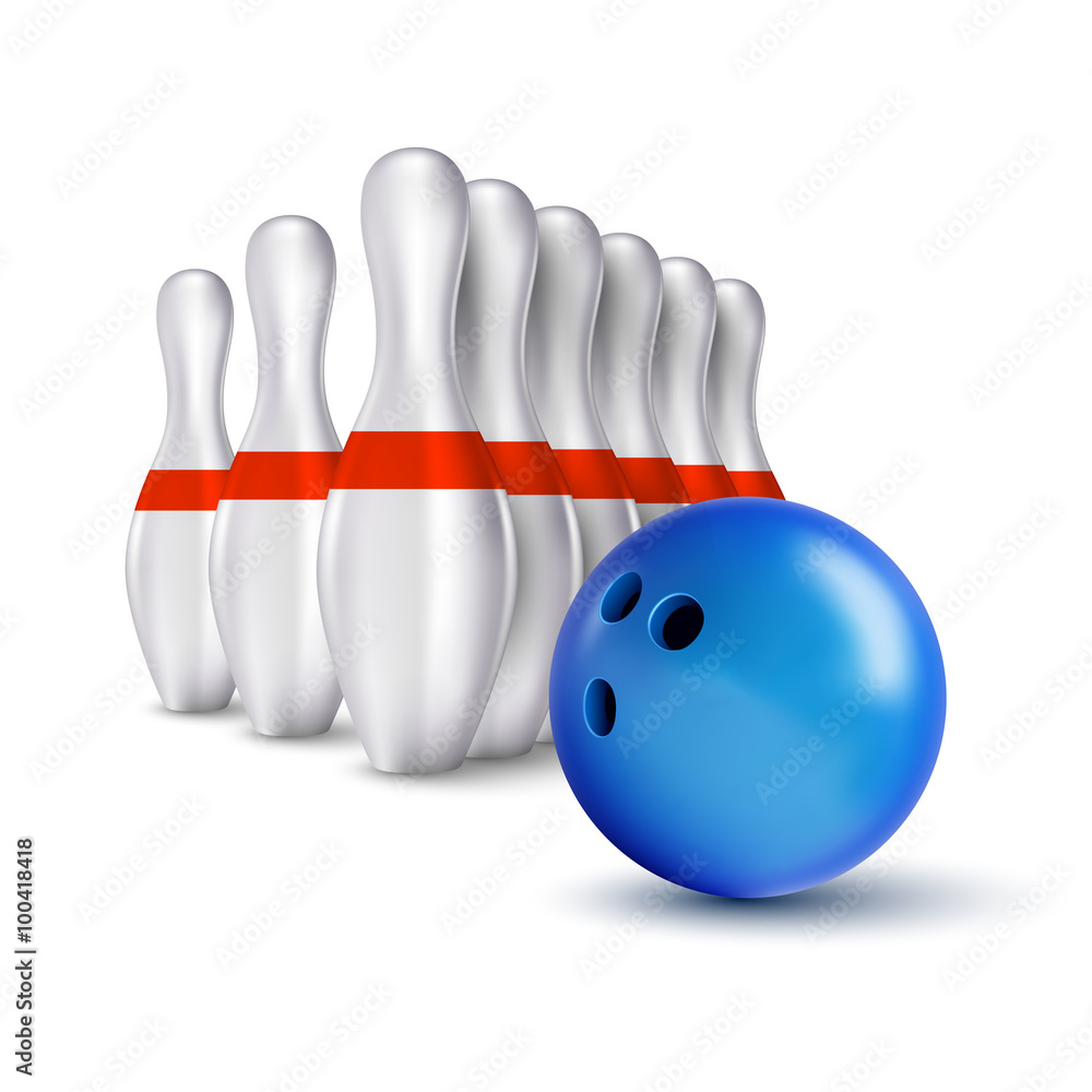 Ball and pins of bowling. Vector realistic skittles with ball is Ball and pins of bowling. Vector realistic skittles with ball is