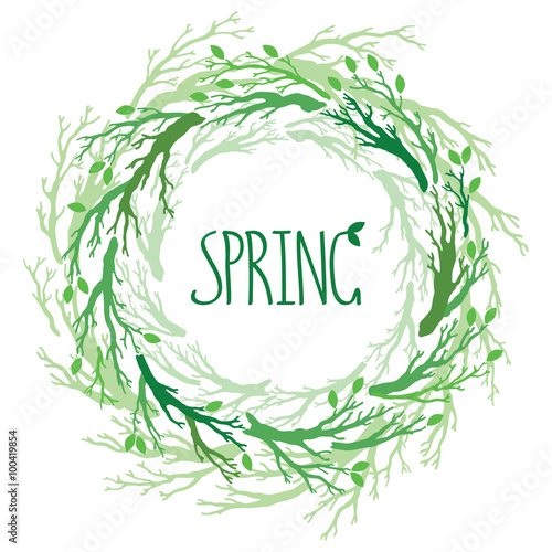 Spring wreath with branches and leaves. Vector hand drawn tree