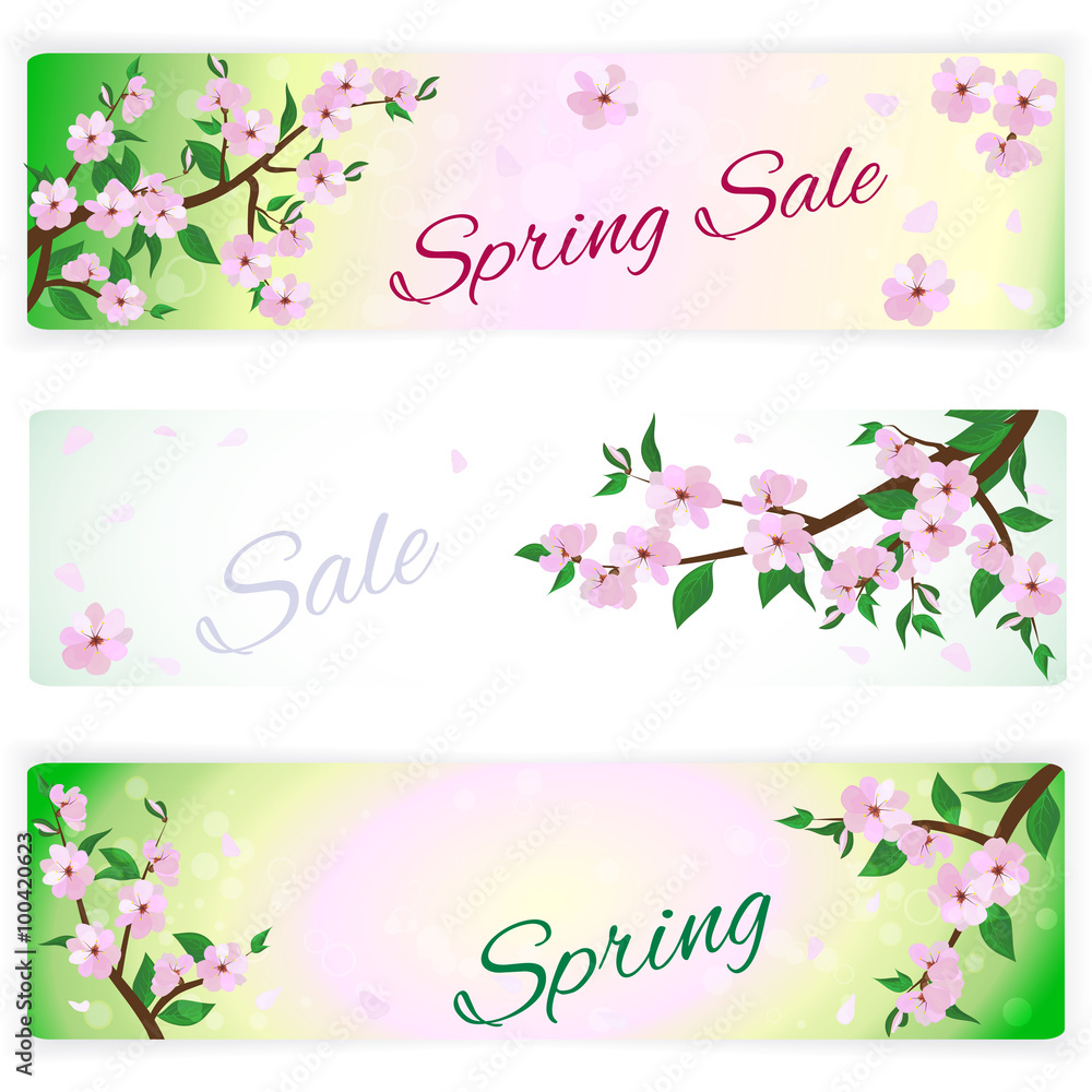 banners with spring flowering branches of trees