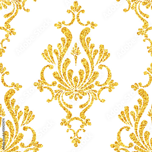 Vector gold glitter damask floral seamless pattern, golden sparkles on white background, vip design template