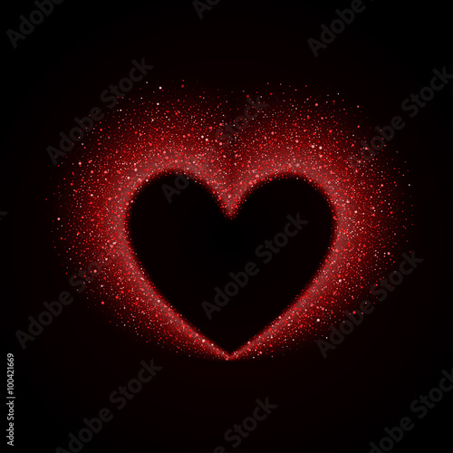 Happy Valentines Day Card with Red Glittering Star Dust Heart, Red Sparkles on Black Background