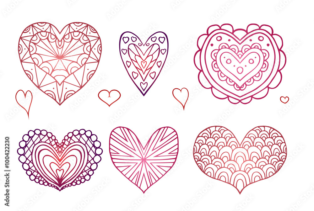 Set of contours of the doodle hearts decorated boho patterns 