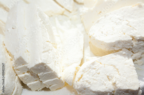 Closeup of paneer cut into pieces on buttercloth