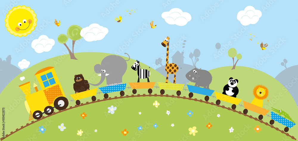 Naklejka pociąg dzikich zwierząt na kolorowym bakcground z uśmiechniętym słońcem, kwiatami, wzgórzami, drzewami i błękitem nieba
