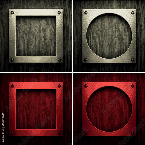 vector pollished metal on wooden background set