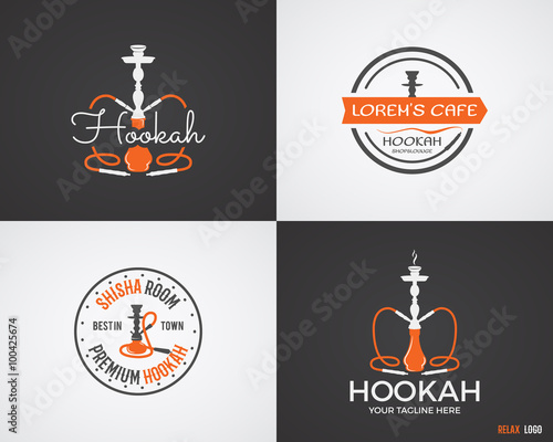 Set of Hookah relax labels, badges and design elements in 2 color variations. Vintage shisha logo. Lounge cafe emblem.  Arabian bar or house, shop insignia. Isolated vector illustration.