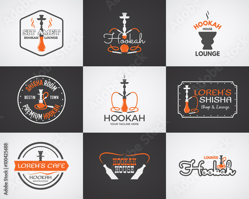 Hookah labels, badges and design elements collection. Vintage shisha logo. Lounge cafe emblem.  Arabian bar or house, shop. Isolated on two backgrounds. Vector illustration.