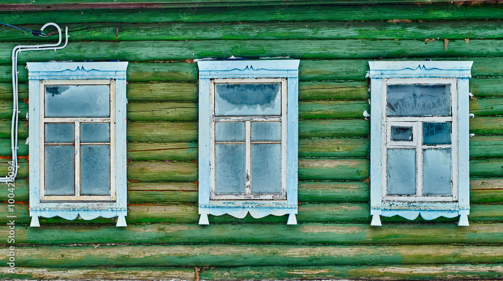 Windows of russian traditional village house   