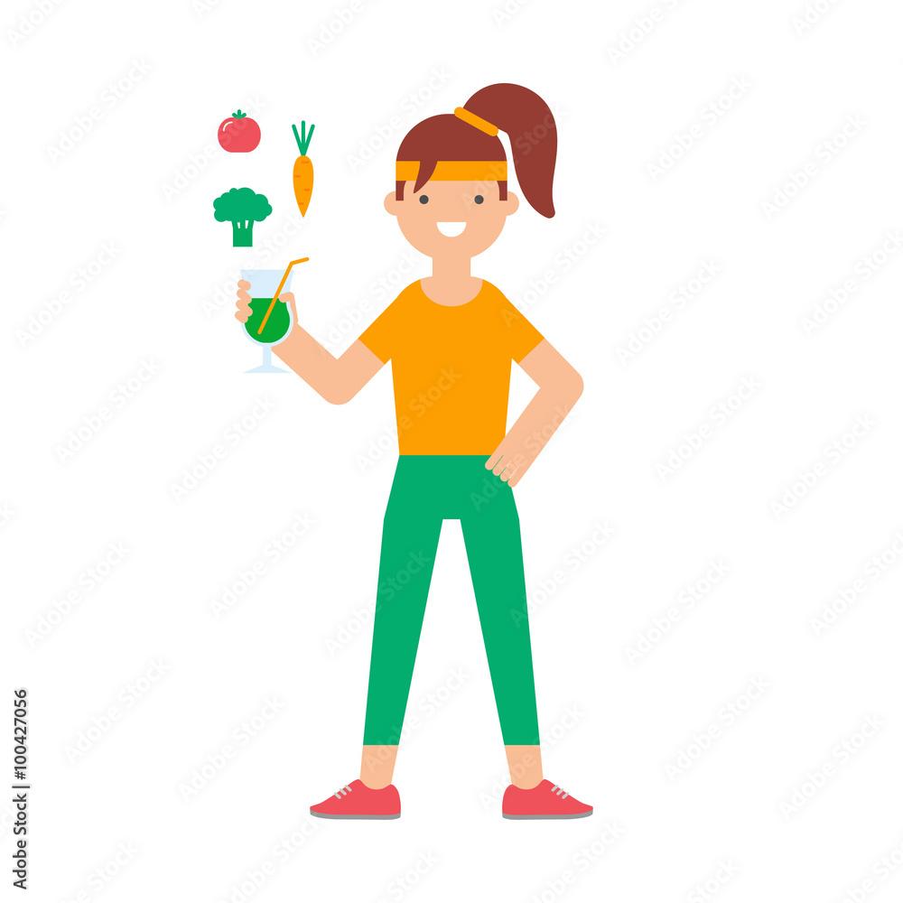 Vector illustration of a sporty girl holding vegetable cocktail. Vector illustration of a sporty girl holding vegetable cocktail.