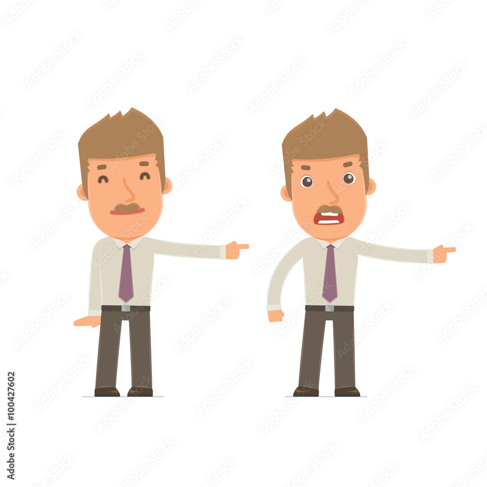 Happy and Angry Character Broker making presentation using his h Happy and Angry Character Broker making presentation using his h
