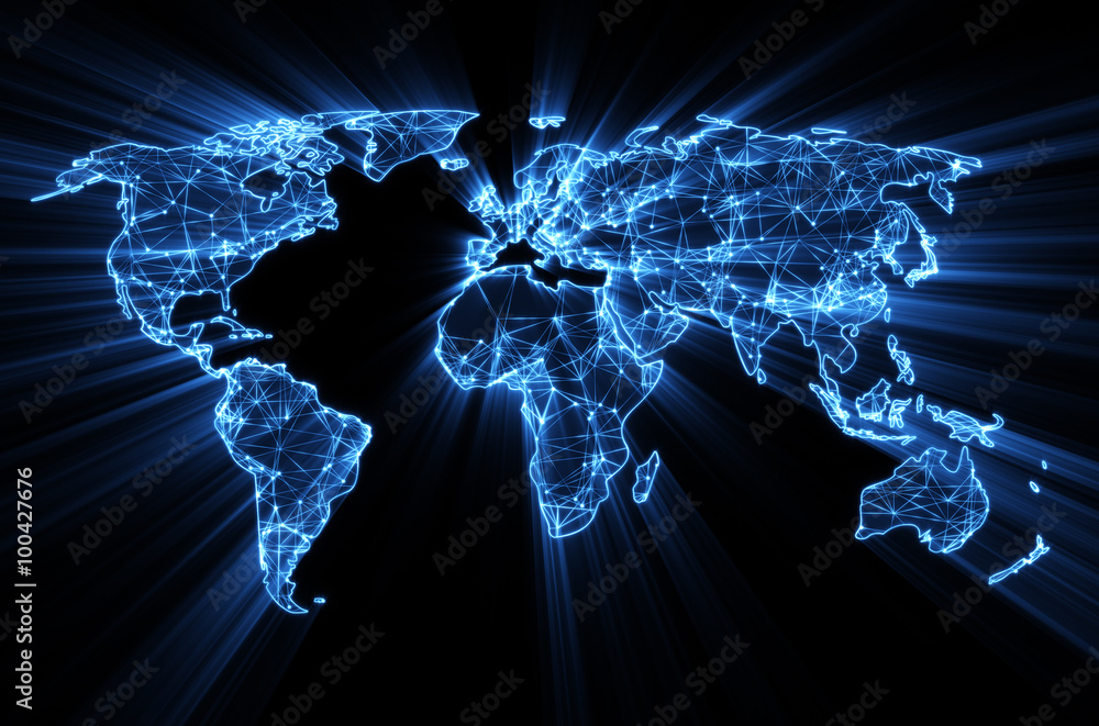 Obraz świecące niebieski na całym świecie internetowej na koncepcji mapy świata