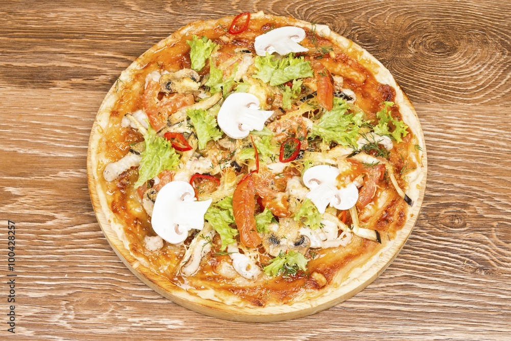 Pizza on dark wooden background. Stock image macro. Pizza on dark wooden background. Stock image macro.