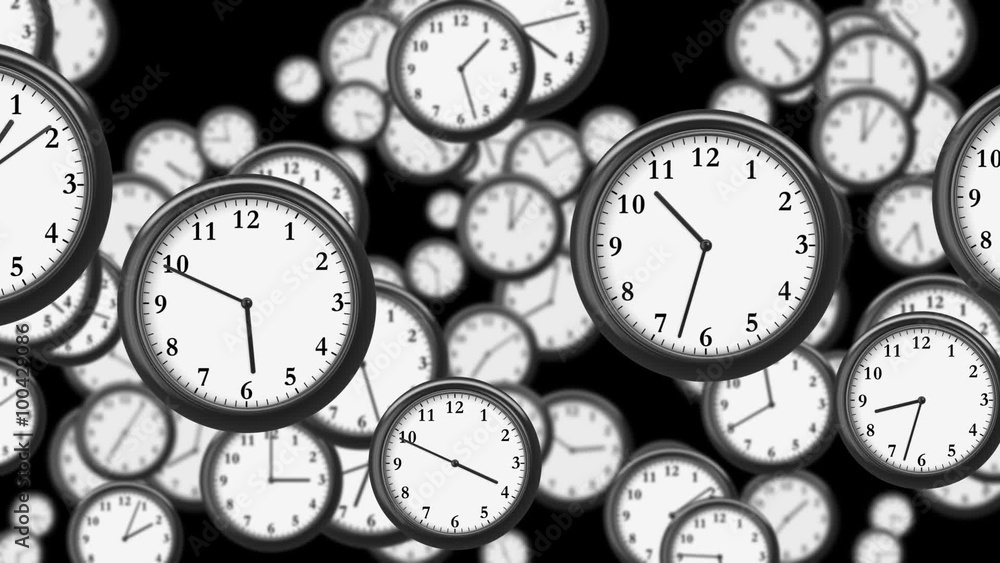 Many Clocks flying in Timelapse in 3D animation. Time Concept Footage. HD 1080. Looped. Stock