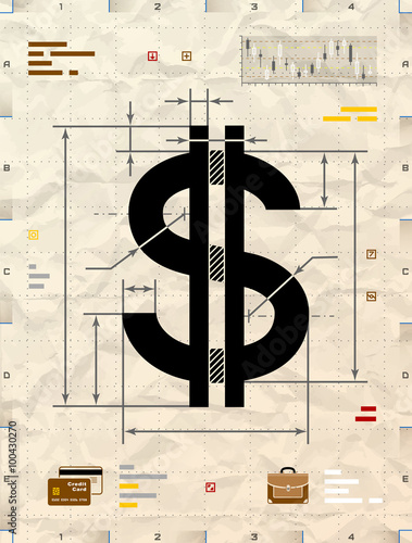 Dollar sign as technical blueprint drawing on crumpled paper