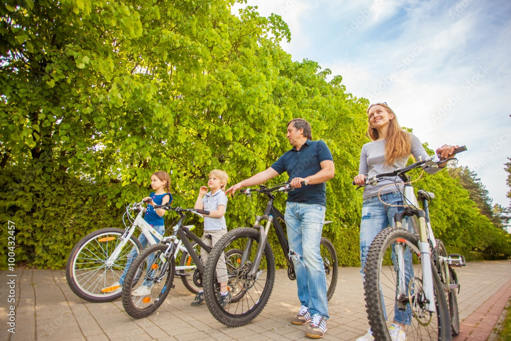 The family in the park on bicycles The family in the park on bicycles
