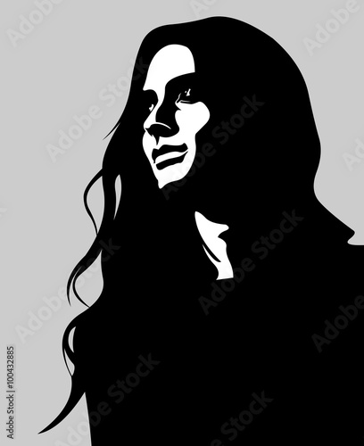 Clip art low key portrait of pensive long hair woman looking up. Easy editable layered vector illustration. 