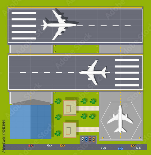 Overhead   point of view airport with all the buildings, planes, vehicles and airport runway