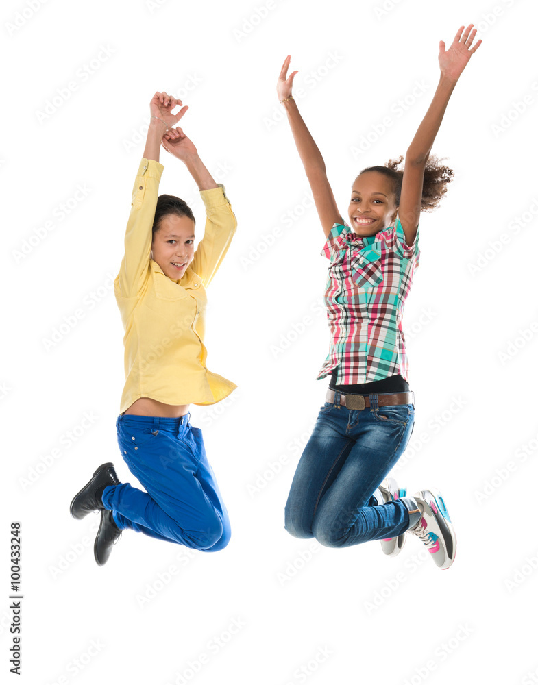boy and girl with different complexion jumping boy and girl with different complexion jumping