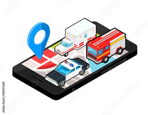 Isometric Smart Phone Locator - Emergency Services.
vector illustration of a mobile phone with Navigator map for emergency services.