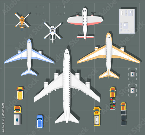 Overhead   point of view airport with all the buildings, planes, vehicles and airport runway
