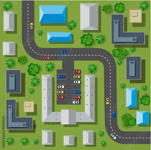 Map of a top view from the rooftops, city streets, trees and highways