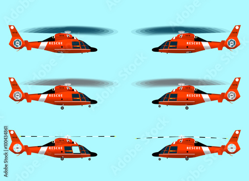 Red rescue helicopter. Flying in the sky. Standing on the ground. With the landing gear retracted and released. Set helicopters. Isolated objects. Vector graphics.