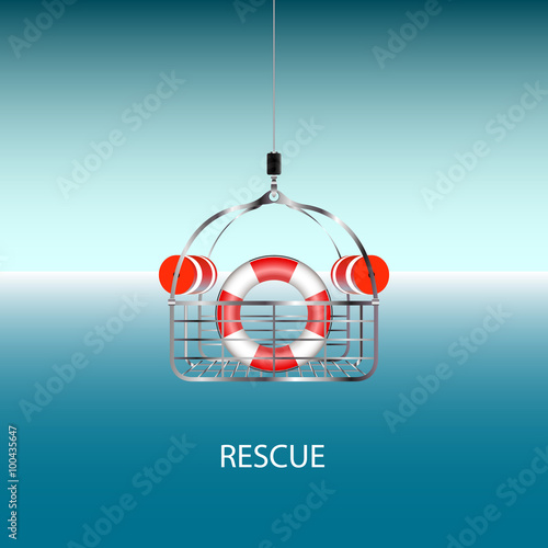 Vector illustration. Basket for helicopter rescue. Lifebuoy in the basket. To rescue people in the water. 