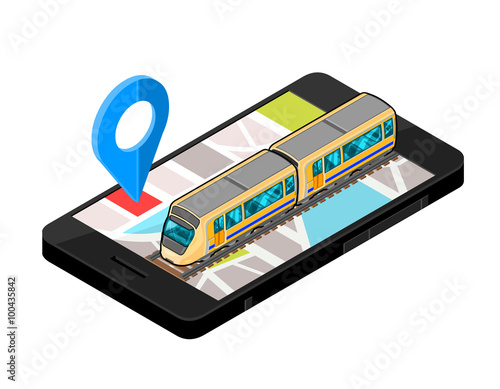 Isometric vector Smartphone Map - Train Service.
Phone Icon with city map locator to public city rail transport.
