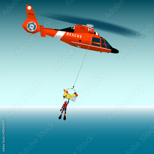 Vector illustration. Red rescue helicopter and fishermen at sea. Air rescue basket. Flying lifeguard. The collapse of the sea. Rescue at sea.