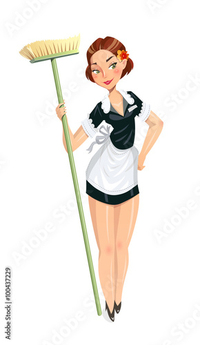 Beautiful maid with mop. Eps10 vector illustration. Isolated