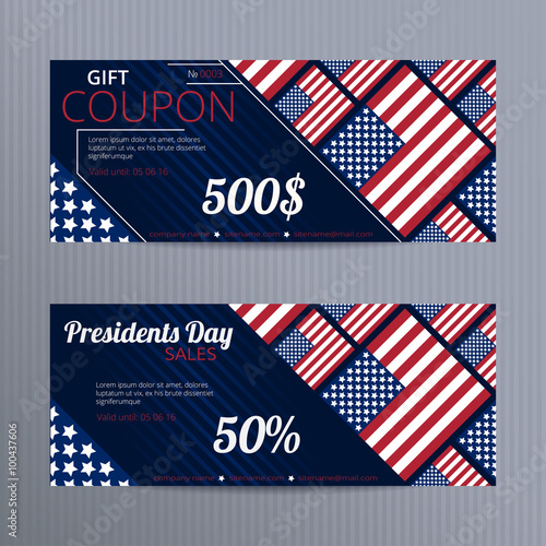 Gift voucher with stylized USA flags. Gift card template. Coupon discount set. Voucher vector design. Coupon template with concept of Presidents Day sales.