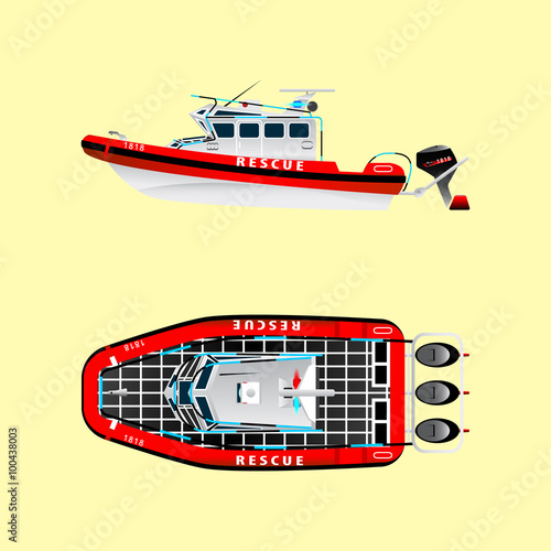Vector illustration. Red rescue boat on the water. Left side. Top view. Saving water. Isolated objects.