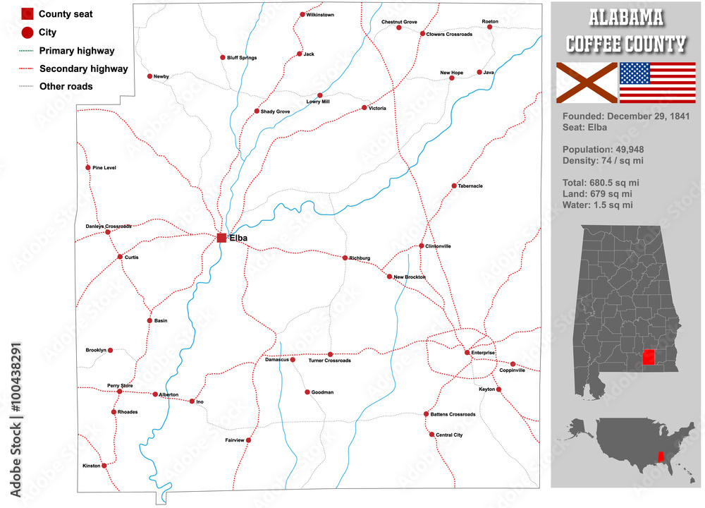 Large and detailed map and infos about Coffee County in Alabama.