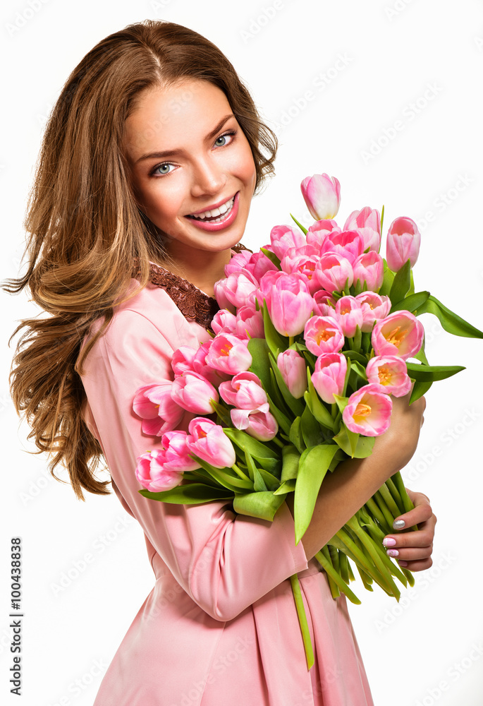 Woman with Spring Flower bouquet. Happy surprised model woman sm Woman with Spring Flower bouquet. Happy surprised model woman sm