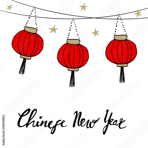 Chinese new year card with hand drawn paper lanterns and handwritten text, vector