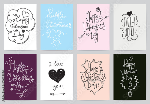 Valentines Day greeting cards 8 set. Hand drawn vintage design.