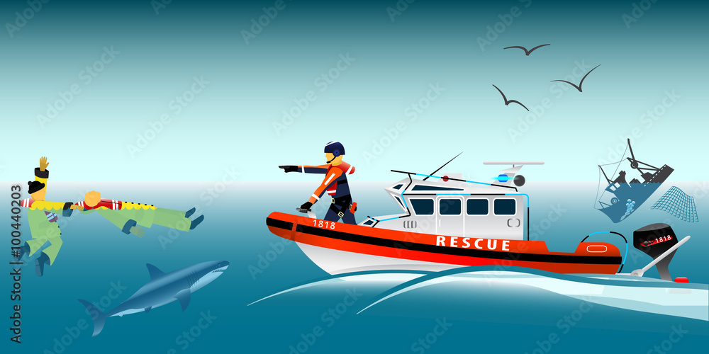 Vector illustration. Rescue boat and fishermen at sea. The collapse of the sea. A sinking ship. Shark. Fishing net. Rescue at sea. Lifeguard boat. Swimmer. Vector illustration. Rescue boat and fishermen at sea. The collapse of the sea. A sinking ship. Shark. Fishing net. Rescue at sea. Lifeguard boat. Swimmer.